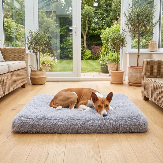 Coussin-déhoussable-pour-chien-chiot-lit-orthopédique-housse en peluche resistante et ultra douce, matelas à memoire de forme 100% coton haute résilience , housse 100% imperméable et antidérapant, lavavble en machien, rectangulaire, polyvalent : au sol, dans un panier, niche, cage interieur, cage de transport, etc. disponible en 4 tailles S, M L et XL pour chiot et chien de 0 à 35 kg max-un chien de taille moyenne qui dort paisiblement sur son coussin en peluche gris clair sur le sol en parquet du salon