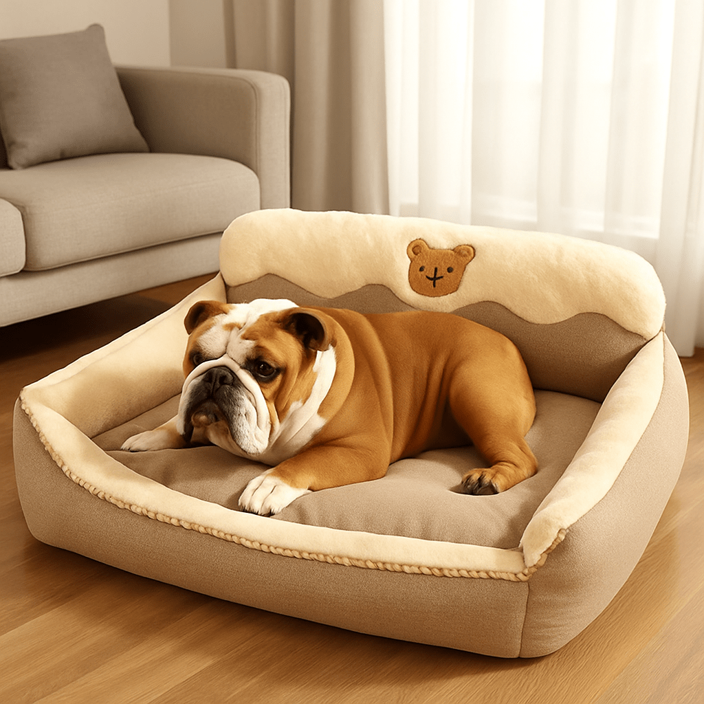 Coussin-déhoussable-pour-chien-chiot-lit anti-anxiété chaud, douillet, moelleux avec rembourrage 100% coton PP antidérapant et imperméable pour chien de petite à moyenne taille-un chien de taille moyenne couché dans son panier en velours et coton dans le salon de la maison