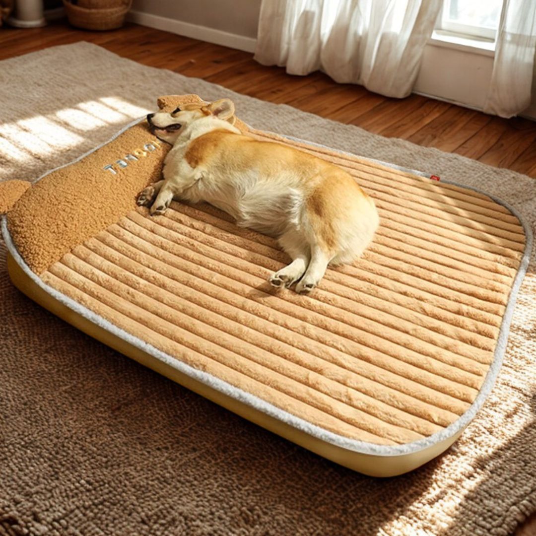 Coussin-déhoussable-pour-chien-chiot-matelas en éponge coton haute densité ergonomique qui s'adapte à la morphologie du chien et son traversin intégré pour un soutien cervical optimal et antidérapant-un petit chien qui dort sur le flanc confortablement sur son lit déhoussable apaisant en velours doux antidérapant dans le salon de l'appartement