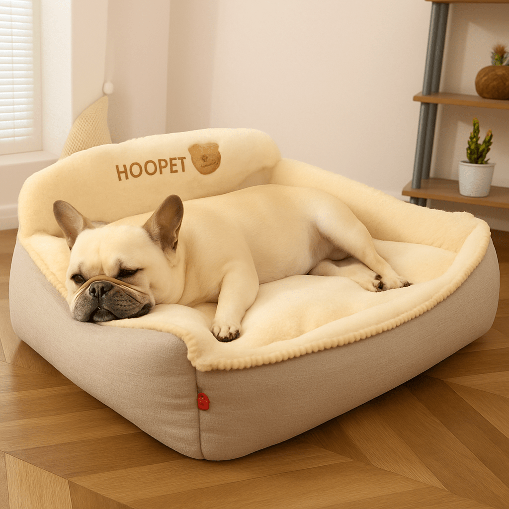 Coussin-déhoussable-pour-chien-couchage-un chien de petite taille qui dort paisiblement enfoncé dans le coussin moelleux et ergonomique, antidérapant et imperméable de couleur beige dans le salon de l'appartement
