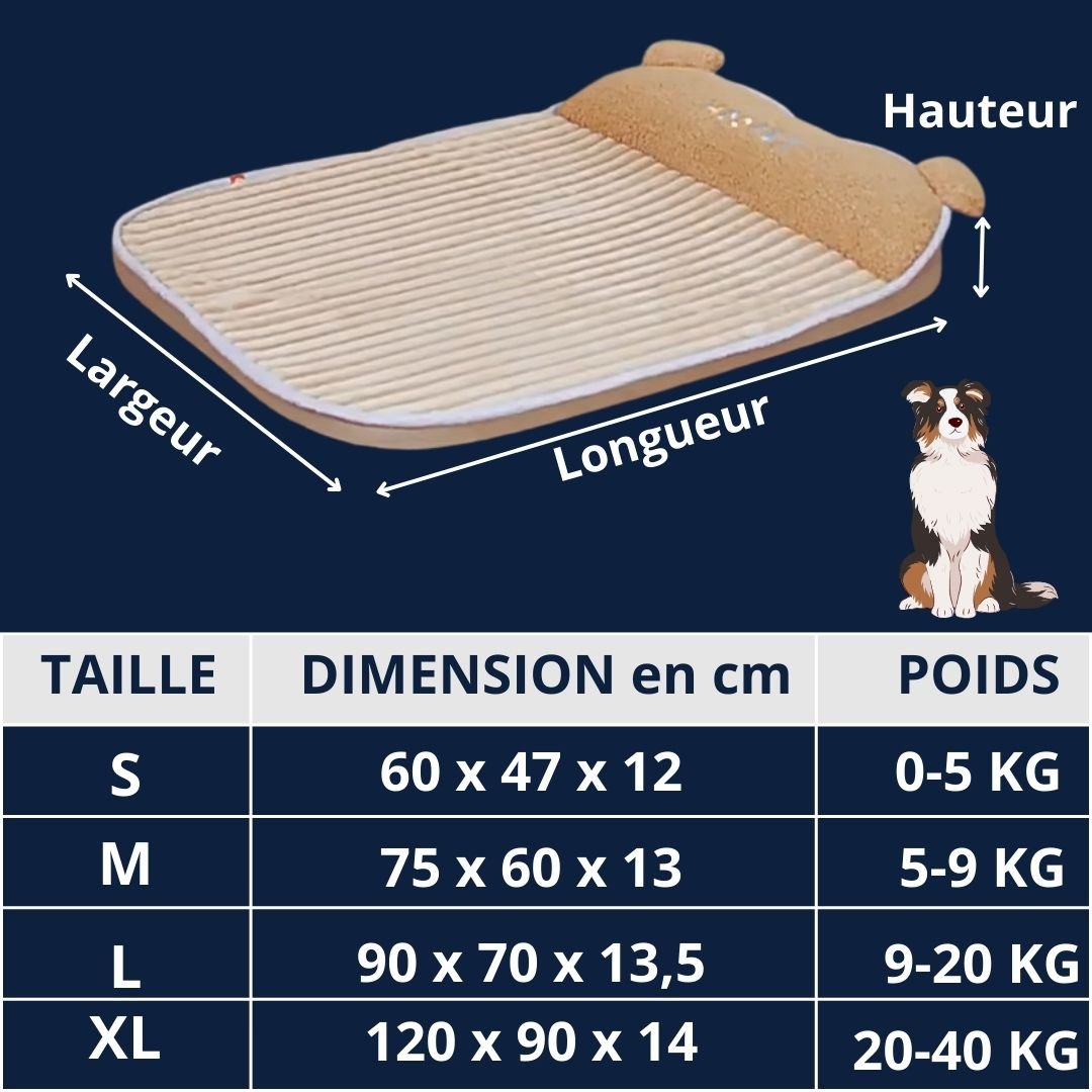 Coussin-déhoussable-pour-chien-guide-des-tailles-S-M-L-XL-dimensions détaillées et poids du chien correspondant pour petit, moyen et grand chien de  à 40 kg max