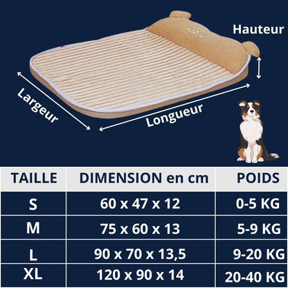 Coussin-déhoussable-pour-chien-guide-des-tailles-S-M-L-XL-dimensions détaillées et poids du chien correspondant pour petit, moyen et grand chien de  à 40 kg max