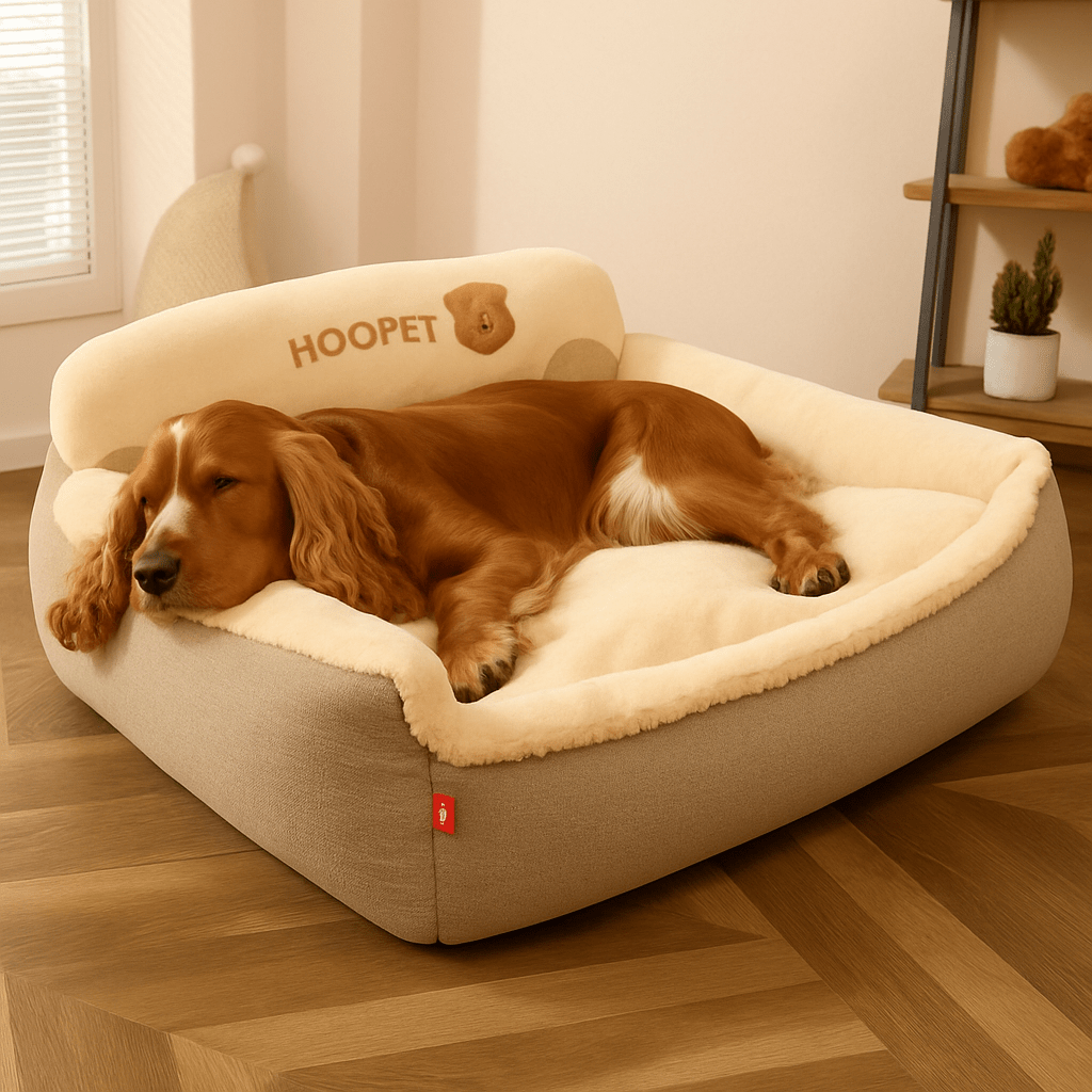 Coussin-déhoussable-pour-chien-lit-un chien de taille moyenne qui dort paisiblement sur son coussin en reposant sa tête et son cou sur le rebord du panier doux et rembourré 100% coton haute densité lavable en machine, antidérapant, imperméable dans le salon de l'appartement