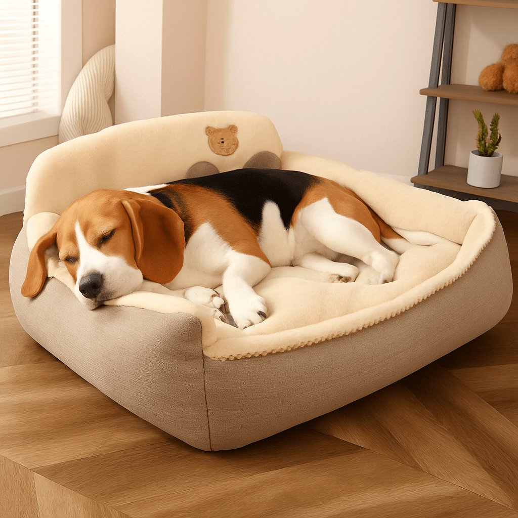 Coussin-déhoussable-pour-chien-rembourrage-coton-un Basset Hound qui dort paisiblement sur son coussin panier pour chien de petite à moyenne taille antidérapant et imperméable en velours et coton dans le salon de l'appartement