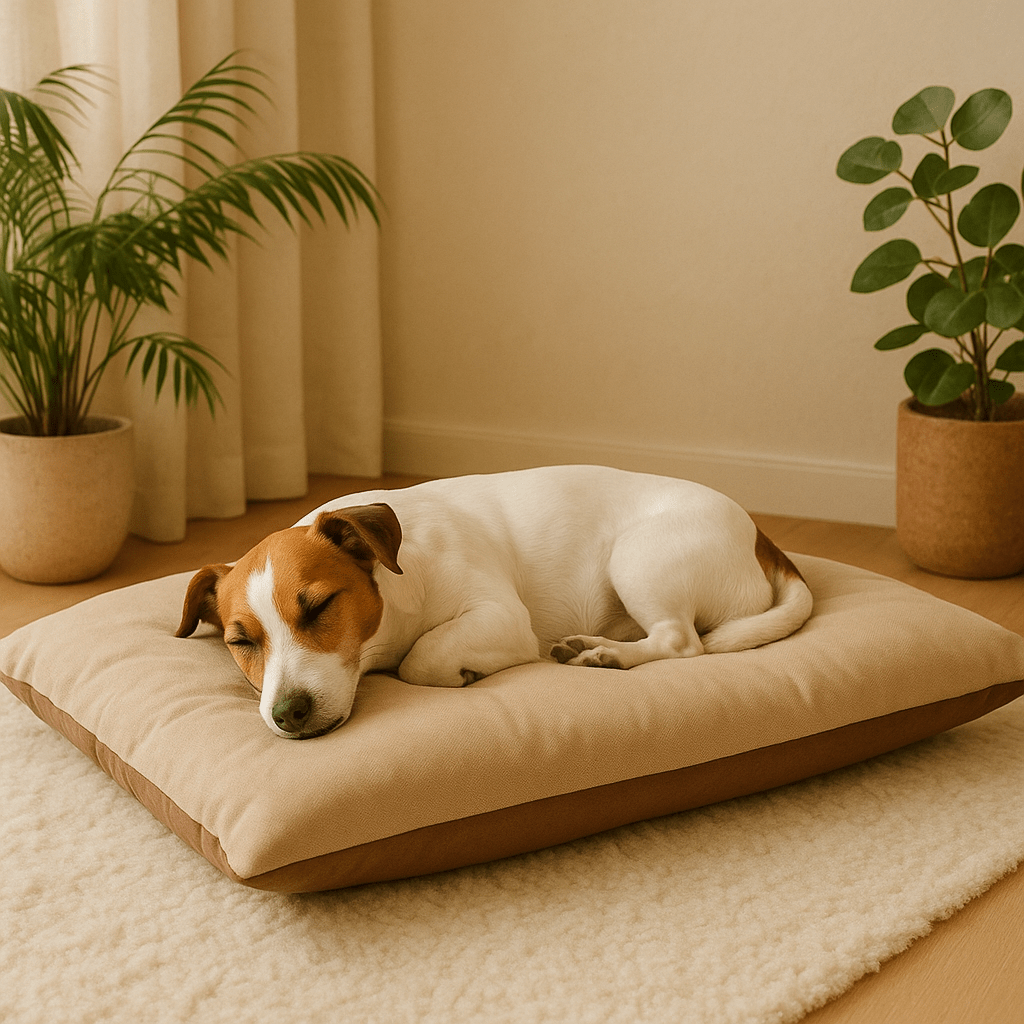 Coussin-imperméable-pour-chien-cage-panier-un petit chien qui dort confortablement sur le coussin marron en cuir PU et tissu frais oxford nylon et rembourrage 100% coton PP dans le salon de l'appartement