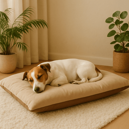 Coussin-imperméable-pour-chien-cage-panier-un petit chien qui dort confortablement sur le coussin marron en cuir PU et tissu frais oxford nylon et rembourrage 100% coton PP dans le salon de l'appartement