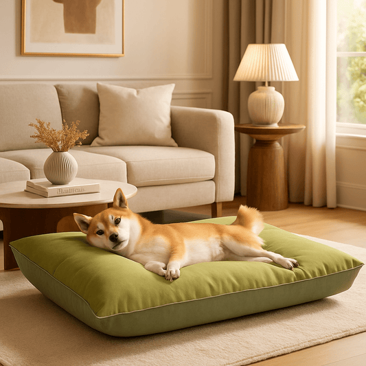 Coussin-imperméable-pour-chien-chiot-de-petite-à-moyenne taille-un corgi welsh couché sur le flanc dans le coussin moelleus et rembourré 100% coton dans le salon douillet de sa maison