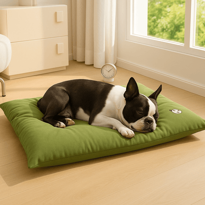 Coussin-impermeable-pour-chien-cuir-PU-résistant au griffes et morsure-rembourrage 100% coton haute densité hypoallergénique-un Boston Terrier couché sur le ventre qui dort la tête posée délicatement sur le coussin épais et confortable-4 saisons-frais et chaud  