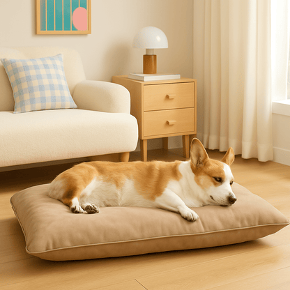 Coussin-impermeable-pour-chien-petite-taille-cuir PU-rembourrage coton PP-ergonomique-un chien de taille moyenne allongé sur le conté confortablement sur le coussin rembourré 100% coton haute densité et résilience