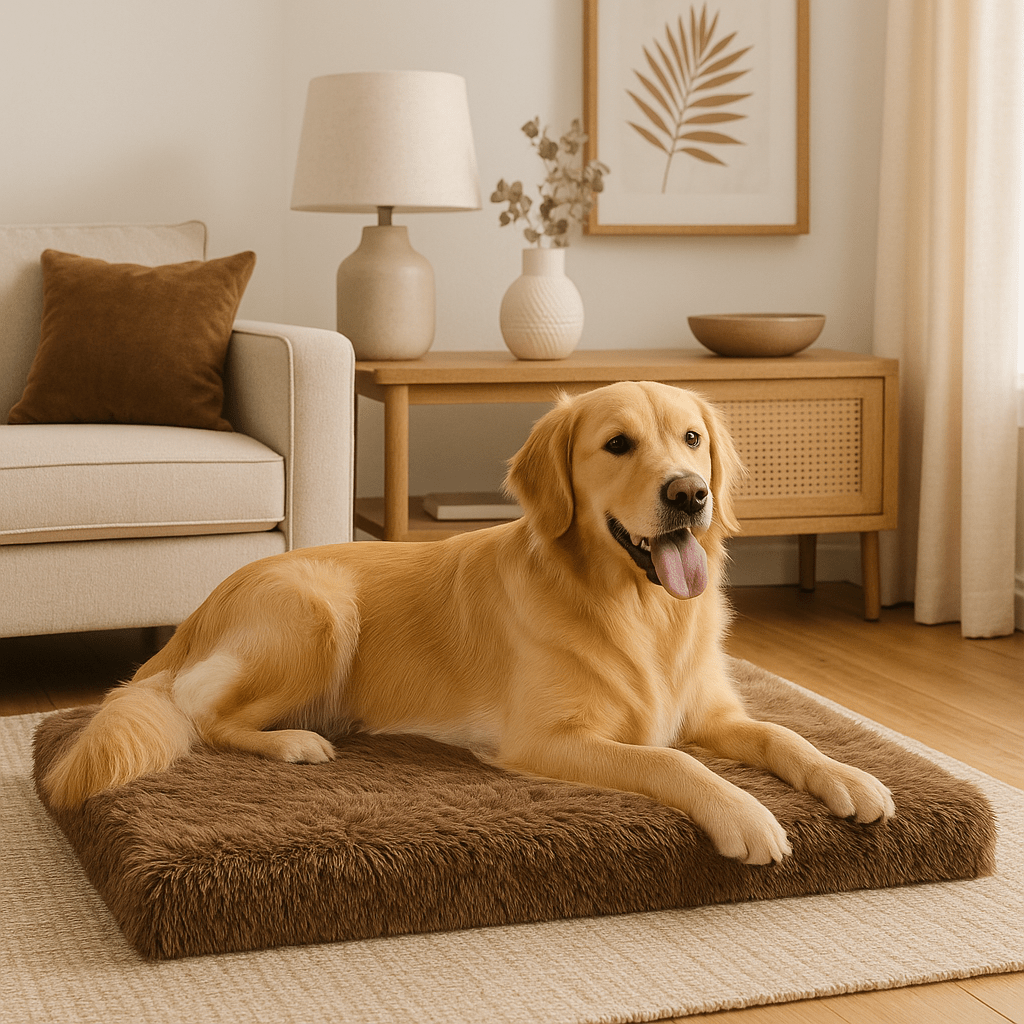 Coussin-orthopédique-chien-déhoussable et lavable en machine et sèche-linge-antidérapant et imperméable-matelas à mémoire de forme 100% coton haute élasticité et densité-lit en peluche ultra doux-anti-stress et anti-anxiété-pour petit, moyen et grand chien de 0 à 45 kg-un chien de grande taille couché confortablement sur son matelas orthopédique en peluche marron dans le salon de la maison