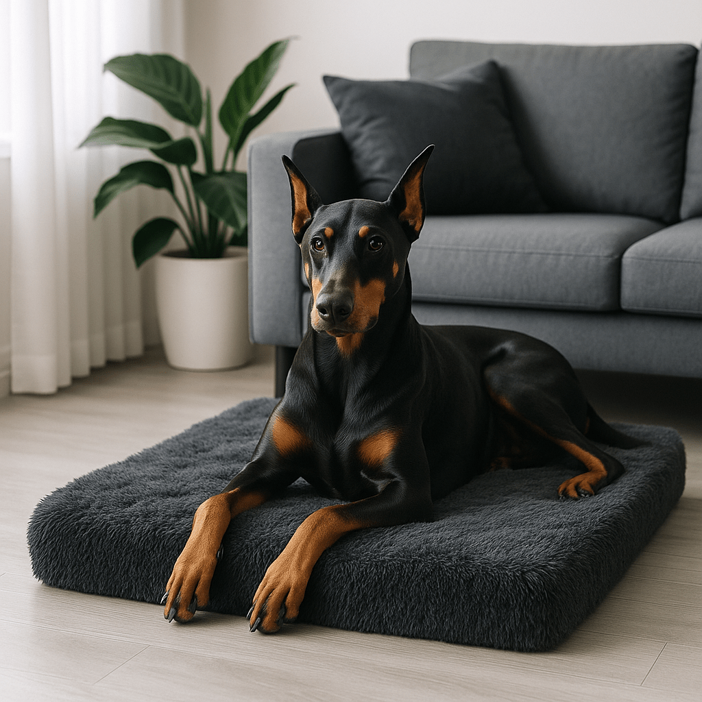 Coussin-orthopédique-chien-déhoussable et lavable en machine et sèche-linge-antidérapant et imperméable-matelas à mémoire de forme 100% coton haute élasticité et densité-lit en peluche ultra doux-anti-stress et anti-anxiété-pour petit, moyen et grand chien de 0 à 45 kg-un grand chien noir et marron couché confortablement sur son matelas orthopédique en peluche gris foncé dans le salon moderne de l'appartement