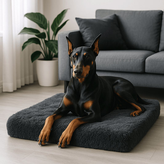 Coussin-orthopédique-chien-déhoussable et lavable en machine et sèche-linge-antidérapant et imperméable-matelas à mémoire de forme 100% coton haute élasticité et densité-lit en peluche ultra doux-anti-stress et anti-anxiété-pour petit, moyen et grand chien de 0 à 45 kg-un grand chien noir et marron couché confortablement sur son matelas orthopédique en peluche gris foncé dans le salon moderne de l'appartement