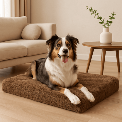 Coussin-orthopédique-chien-déhoussable et lavable en machine et sèche-linge-antidérapant et imperméable-matelas à mémoire de forme 100% coton haute élasticité et densité-lit en peluche ultra doux-anti-stress et anti-anxiété-pour petit, moyen et grand chien de 0 à 45 kg-un Border Collie couché confortablement sur son matelas orthopédique en peluche marron dans le salon de l'appartement