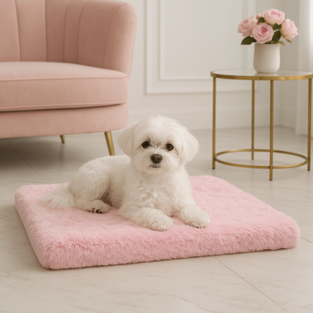 Coussin-orthopédique-chien-déhoussable et lavable en machine et sèche-linge-antidérapant et imperméable-matelas à mémoire de forme 100% coton haute élasticité et densité-lit en peluche ultra doux-anti-stress et anti-anxiété-pour petit, moyen et grand chien de 0 à 45 kg-un petit chien couché confortablement sur son matelas orthopédique en peluche rose dans le salon de l'appartement
