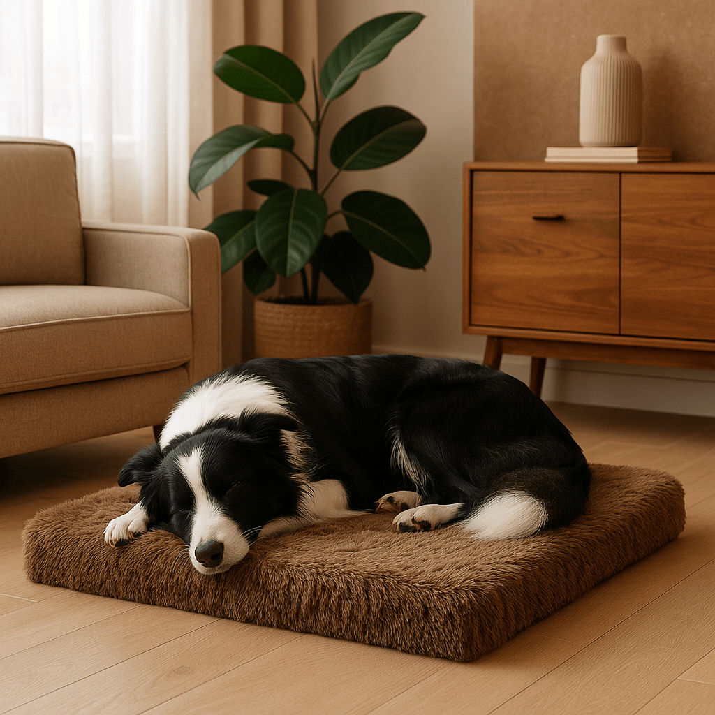 Coussin-orthopédique-chien-déhoussable et lavable en machine et sèche-linge-antidérapant et imperméable-matelas à mémoire de forme 100% coton haute élasticité et densité-lit en peluche ultra doux-anti-stress et anti-anxiété-pour petit, moyen et grand chien de 0 à 45 kg-un chien de taille moyenne qui dort paisiblement sur son matelas orthopédique en peluche marron dans le salon de l'appartement