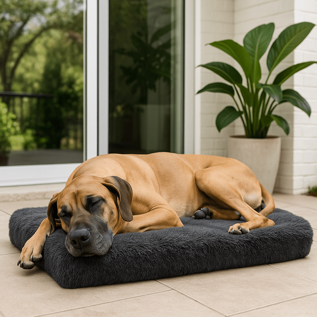 Coussin-orthopédique-chien-déhoussable et lavable en machine et sèche-linge-antidérapant et imperméable-matelas à mémoire de forme 100% coton haute élasticité et densité-lit en peluche ultra doux-anti-stress et anti-anxiété-pour petit, moyen et grand chien de 0 à 45 kg-un grand chien couché qui dort paisiblement sur son matelas orthopédique en peluche gris foncé sur la terrasse de la maison