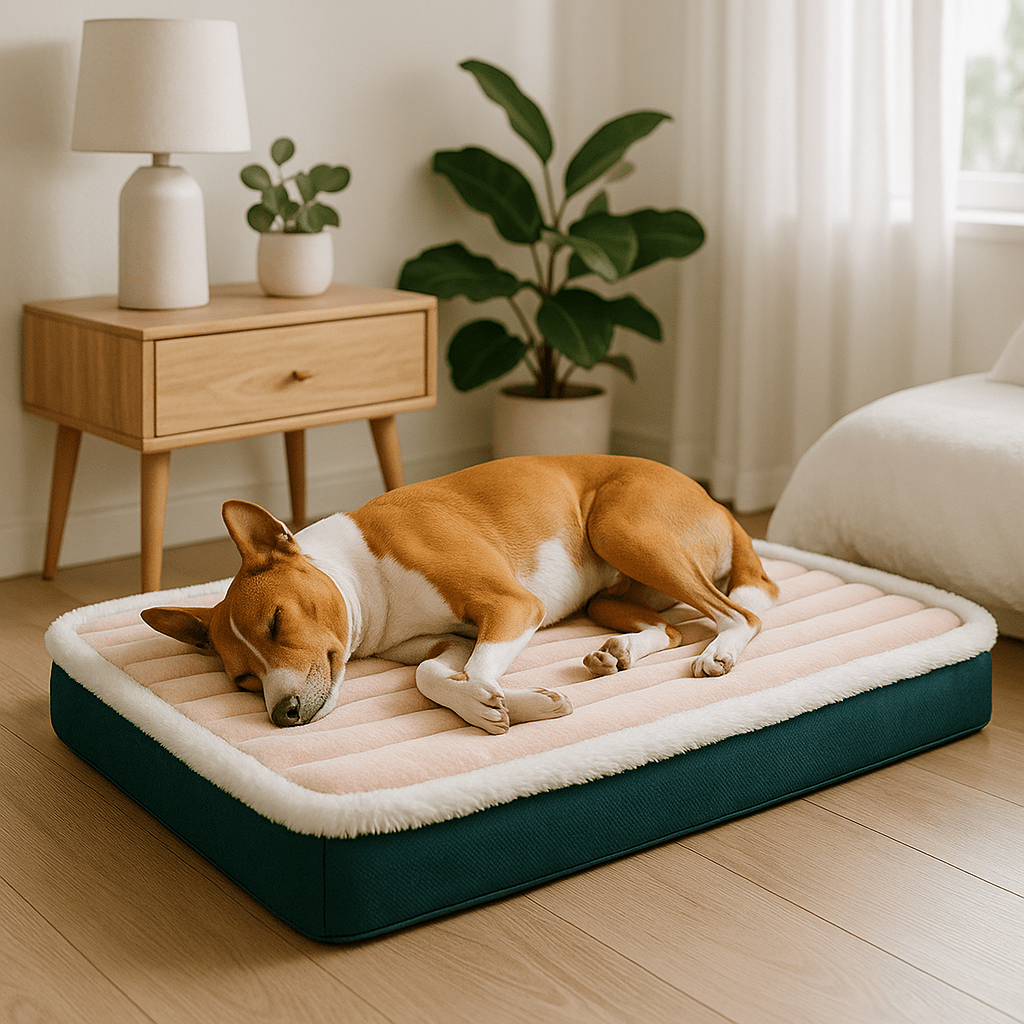 Coussin-orthopédique-pour-chien-imperméable-antidérapant-déhoussable-lavable en machine-un chien de taille moyenne qui dort sur le flanc confortablement sur son matelas rose doux à mémoire de forme dans le salon de la maison