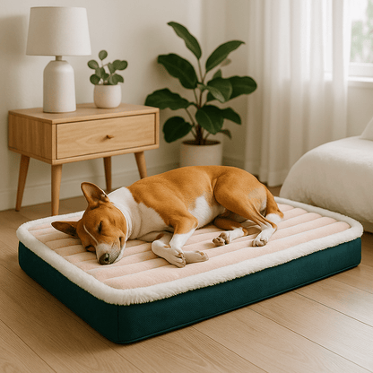 Coussin-orthopédique-pour-chien-imperméable-antidérapant-déhoussable-lavable en machine-un chien de taille moyenne qui dort sur le flanc confortablement sur son matelas rose doux à mémoire de forme dans le salon de la maison