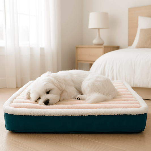 Coussin-orthopedique-pour-chien-chiot-imperméabl-doux-chaud-100% coton-déhoussable-lavable en machine-antidérapant-un petit chien qui dort paisiblement sur son matelas à mémoire de forme ergonomique dans la chambre de l'appartement