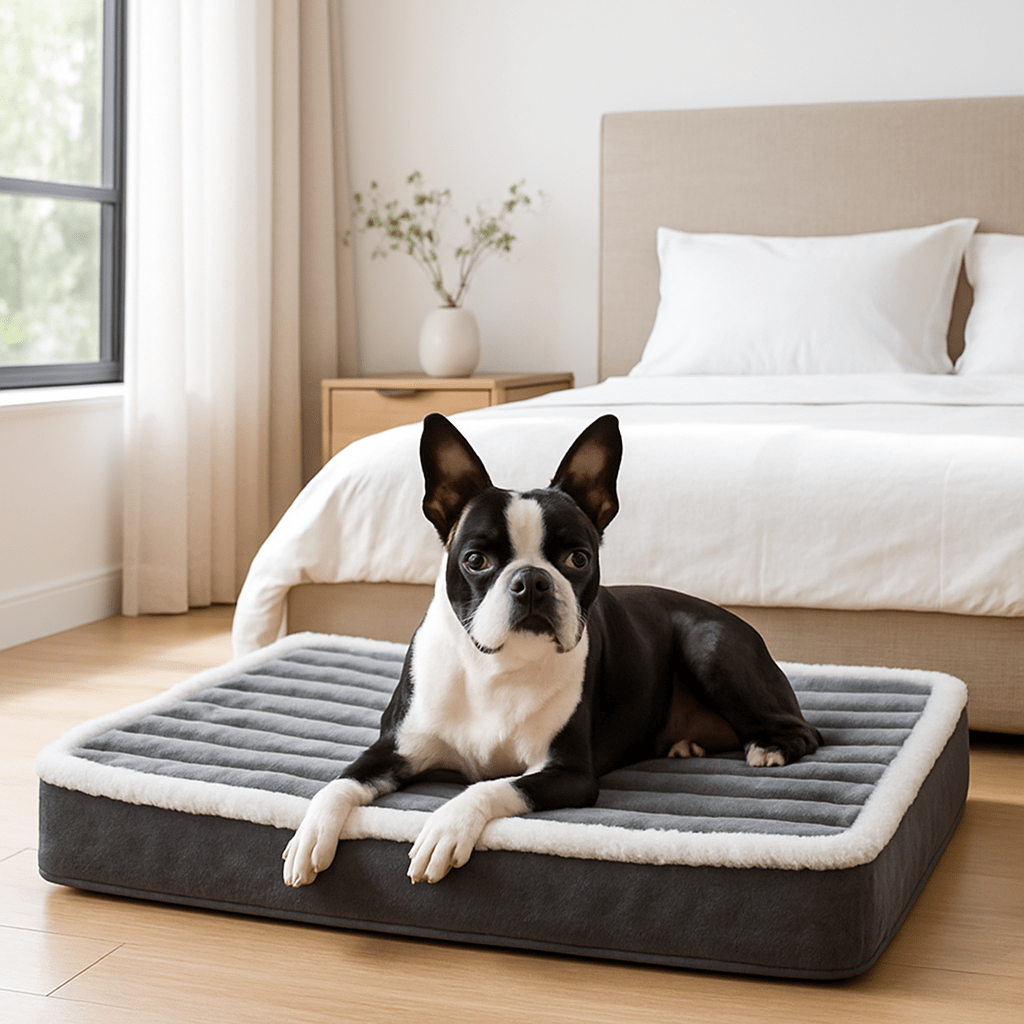 Coussin-orthopédique-pour-chien-gris-déhoussable et lavable en machine-imperméable-en coton haute densité-antidérapant-un chien moyen couché confortablement sur son matelas à mémoire de forme dans la chambre de la maison