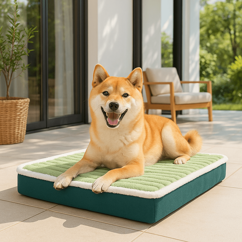 Coussin-orthopédique-pour-chien-déhoussable et lavable en machine-antidérapant-imperméable-un chien de taille moyenne couché heureux et confortablement sur son matelas à mémoire de forme sur la terrasse de la maison