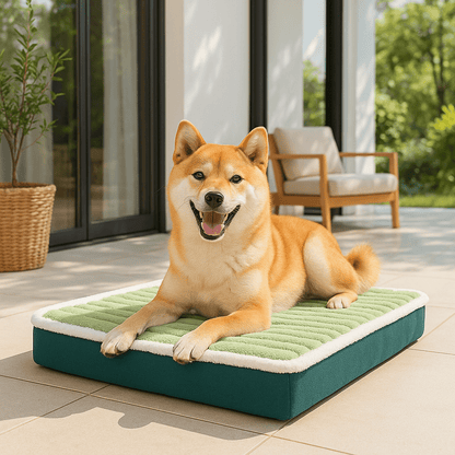Coussin-orthopédique-pour-chien-déhoussable et lavable en machine-antidérapant-imperméable-un chien de taille moyenne couché heureux et confortablement sur son matelas à mémoire de forme sur la terrasse de la maison