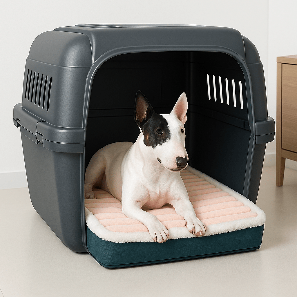 Coussin-orthopédique-pour-chien-imperméable-déhoussable-lavable en machine-coton-antidérapant-un Bull terrier miniature couché sur son matelas à mémoire de forme dans sa cage de transport