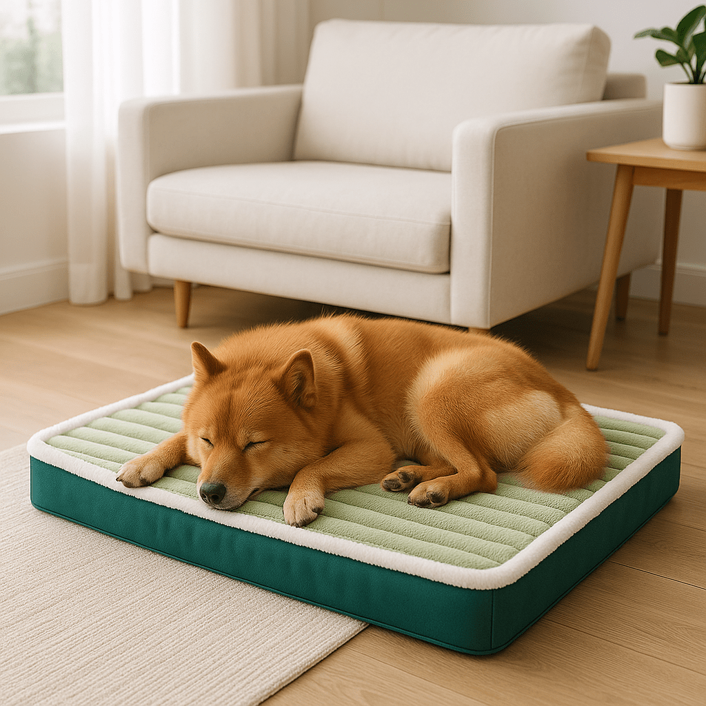 Coussin-orthopédique-pour-chien-imperméable-déhoussable et lavable en machine-100% coton-un chien moyen qui dort paisiblement et confortablement sur son matelas épais, doux à mémoire de forme dans le salon de l'appartement