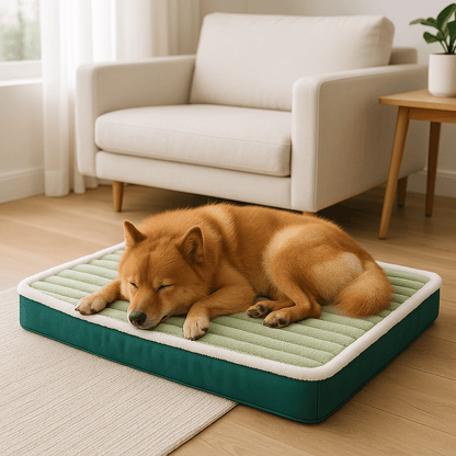 Coussin-orthopédique-pour-chien-imperméable-déhoussable et lavable en machine-100% coton-un chien moyen qui dort paisiblement et confortablement sur son matelas épais, doux à mémoire de forme dans le salon de l'appartement