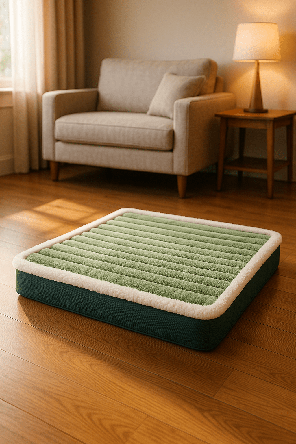 Coussin-orthopédique-pour-chien-imperméable-vert-déhoussable antidérapant lavable en machine pour chien de petite à moyenne taille dans le salon de l'appartement