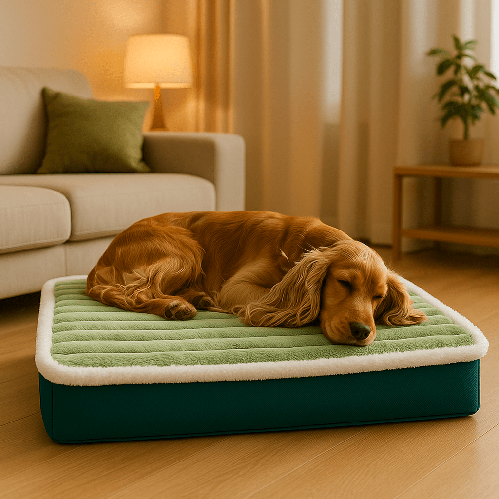 Coussin-orthopédique-pour-chien-imperméable-déhoussable-antidérapant-lavable en machine-un épagneul breton qui dort en boule paisiblement sur son matelas à mémoire de forme de couleur vert dans le salon de l'appartement