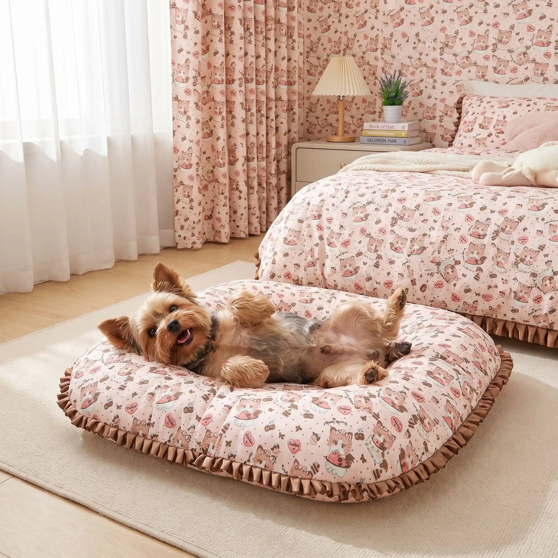 Coussin-petit-chien-chiot-cosy-avec rebord 360° entourant surélevé pour envelopper et avoir un effet anti-anxiété, rembourrage 100% coton haute densité, tissu 100% imperméable, lavable en machine, de forme carré pour une utilisation polyvalente ou donner plus de confort au couchage, en 3 tailles XS, S et M pour chiots et chiens de 0 à 9 kg-un chien de petit race couché sur le dos les pattes en l'air niché dans le coussin épais ergonomique au rebord large et entourant au pied du lit de ses maitres 