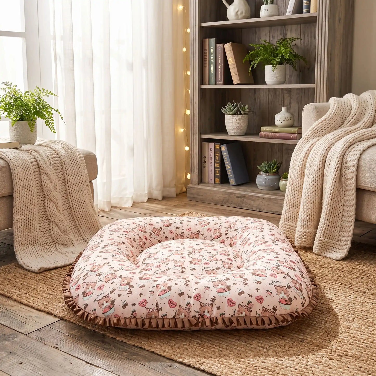 Coussin-petit-chien-chiot-cosy-avec rebord 360° entourant surélevé pour envelopper et avoir un effet anti-anxiété, rembourrage 100% coton haute densité, tissu 100% imperméable, lavable en machine, de forme carré pour une utilisation polyvalente ou donner plus de confort au couchage, en 3 tailles XS, S et M pour chiots et chiens de 0 à 9 kg-gros plan sur le coussin épais ergonomique de forme carré avec rebord large et entourant 360° de 10 cm de largeur anti-stress sur le sol du salon de l'appartement
