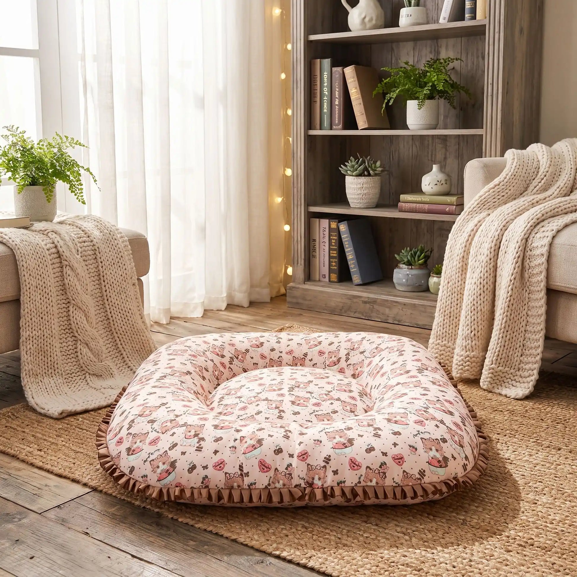 Coussin-petit-chien-chiot-cosy-avec rebord 360° entourant surélevé pour envelopper et avoir un effet anti-anxiété, rembourrage 100% coton haute densité, tissu 100% imperméable, lavable en machine, de forme carré pour une utilisation polyvalente ou donner plus de confort au couchage, en 3 tailles XS, S et M pour chiots et chiens de 0 à 9 kg-gros plan sur le coussin épais ergonomique de forme carré avec rebord large et entourant 360° de 10 cm de largeur anti-stress sur le sol du salon de l'appartement