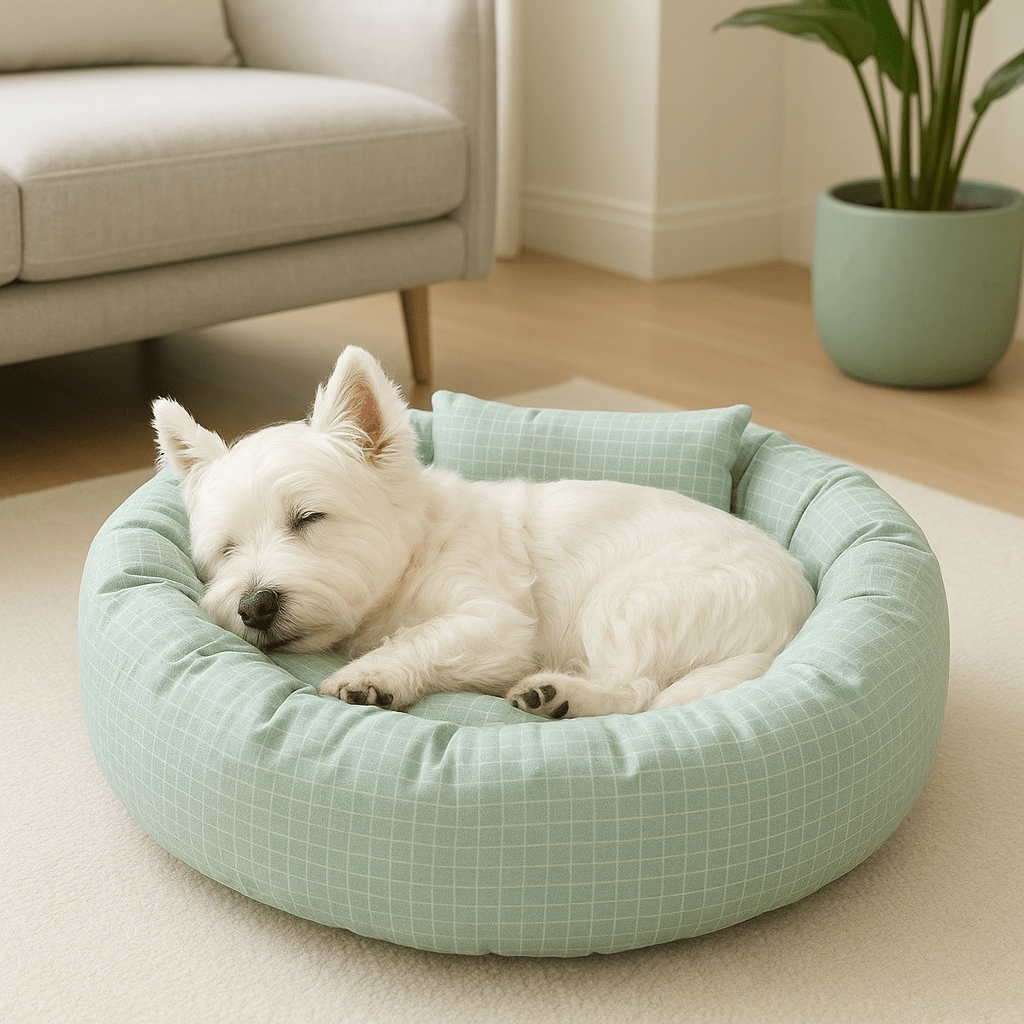 Coussin-pour-chien-avec-rebord 360° protecteur anti-stress-rond et rembourré 100% coton haute densité-housse en coton écologique et respirant-pour chien de petite à moyenne taille de 0 à 12 kg-lavable en machine-imperméable et antidérapant-carreaux graphique discret blanc-compact léger et transportable-un petit chien blanc qui dort paisiblement couché dans son lit rond donut épais dans le salon de la maison
