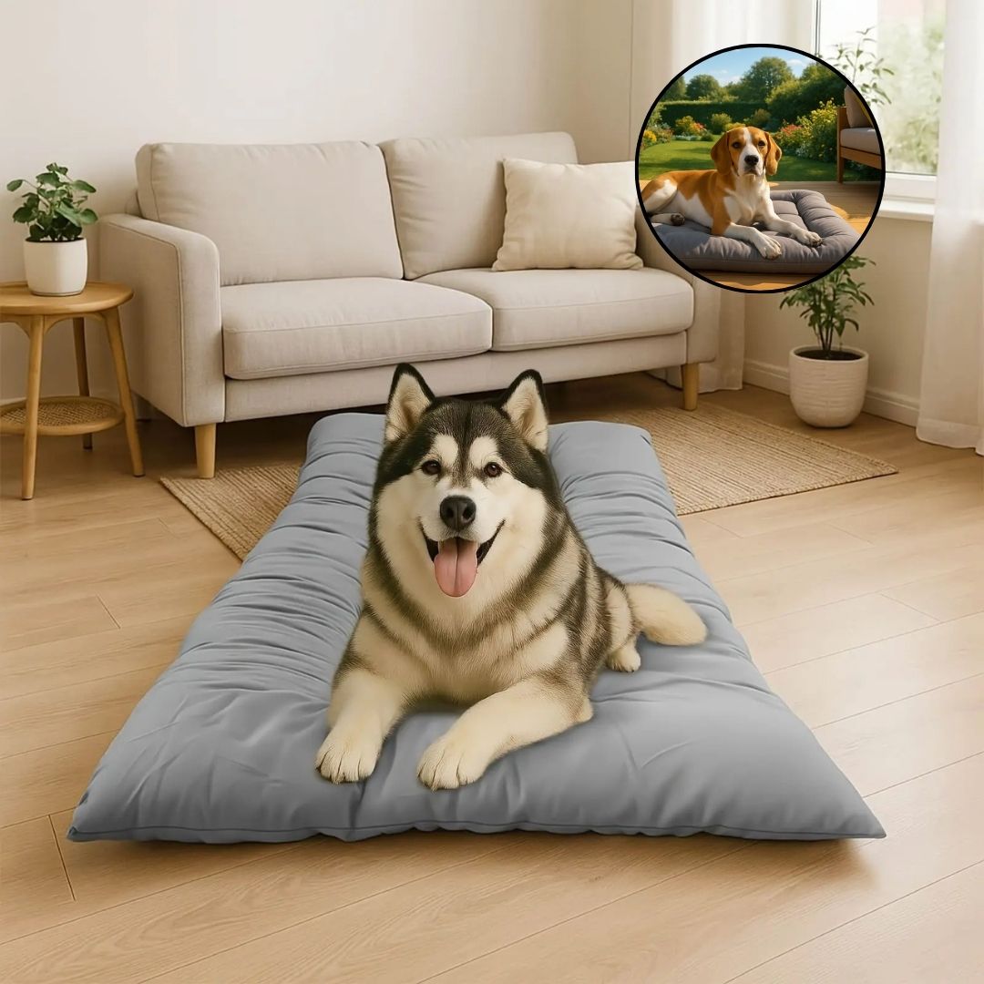 Coussin-pour-chien-XXL-épais-un Husky et un Beagle sur leur matelas rectangulaire gris matelassé épais et ergonomique 100% coton haute densité résistant et durable