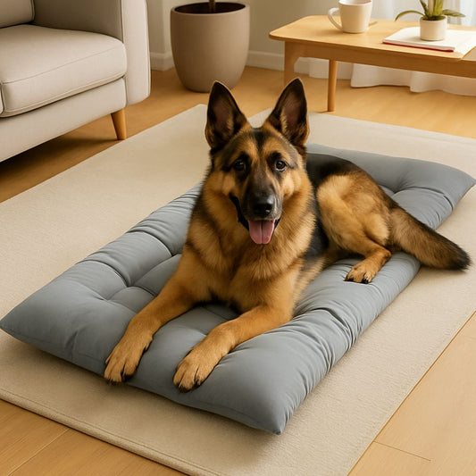 Coussin-pour-chien-XXL-lavable-en machine-matelas pour grand chien-un grand chien couché sur le tapis solide et  épais et moelleux 100% coton haute densité polyvalent et 4 saisons