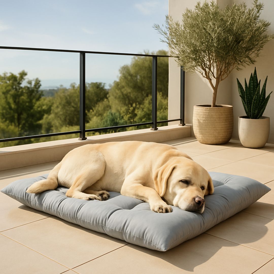 Coussin-pour-chien-XXL-matelas-coton-un labrador couleurs sable couché sur le matelas rembourré 100% coton PP qui s'endort paisiblement sur la terrasse de l'appartement