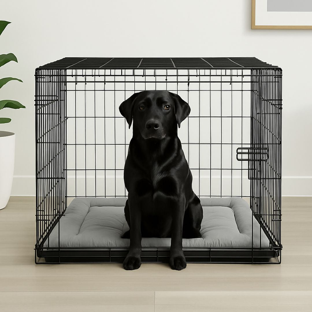 Coussin-pour-chien-XXL-rafraichissant-tapis rafraichissant et épais rembourrage 100% coton densité-un labrador noir assis dans sa cage sur le matelas gris