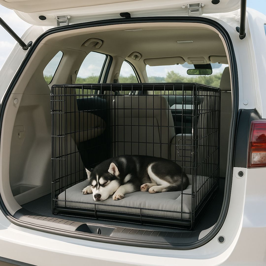 Coussin-pour-chien-XXL-un grand chien qui dort confortablement sur le matelas rectangulaire en forme de coussin 100% coton PP dans sa cage de transport placée dans le coffre de la voiture