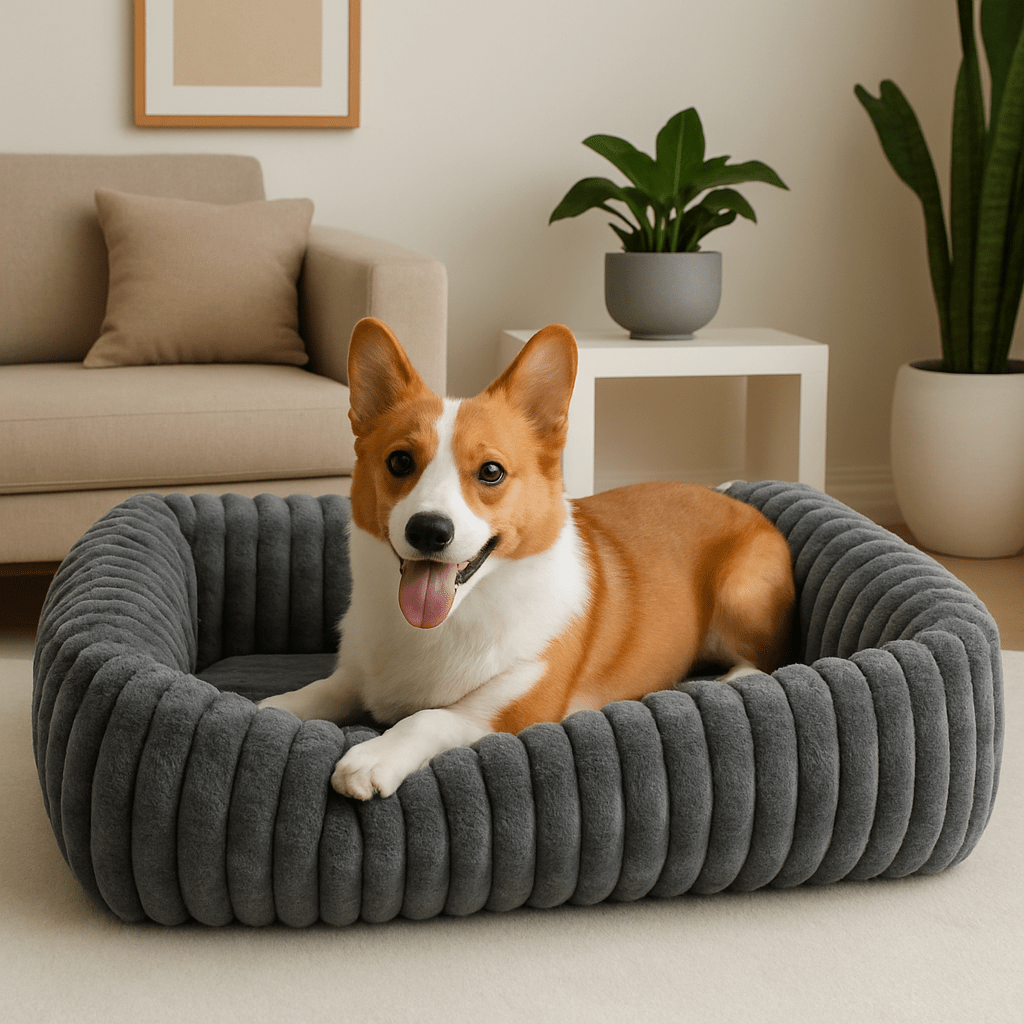 Coussin-pour-chien-anti-stress-velours-rembourrage 100% coton PP-avec rebord surélevé 360° entourant-apaisant-chaud-moelleux-ergonomique-déhoussable et lavable en machine-fond imperméable et antidérapant pour chien de petite à moyenne taille de 0 à 25 kg-un chien moyen couché confortablement dans le coussin en forme de panier rectangulaire ultra-doux hypoallergénique et écoresponsable dans le salon de la maison