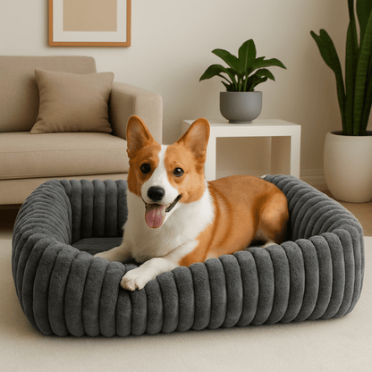 Coussin-pour-chien-anti-stress-velours-rembourrage 100% coton PP-avec rebord surélevé 360° entourant-apaisant-chaud-moelleux-ergonomique-déhoussable et lavable en machine-fond imperméable et antidérapant pour chien de petite à moyenne taille de 0 à 25 kg-un chien moyen couché confortablement dans le coussin en forme de panier rectangulaire ultra-doux hypoallergénique et écoresponsable dans le salon de la maison