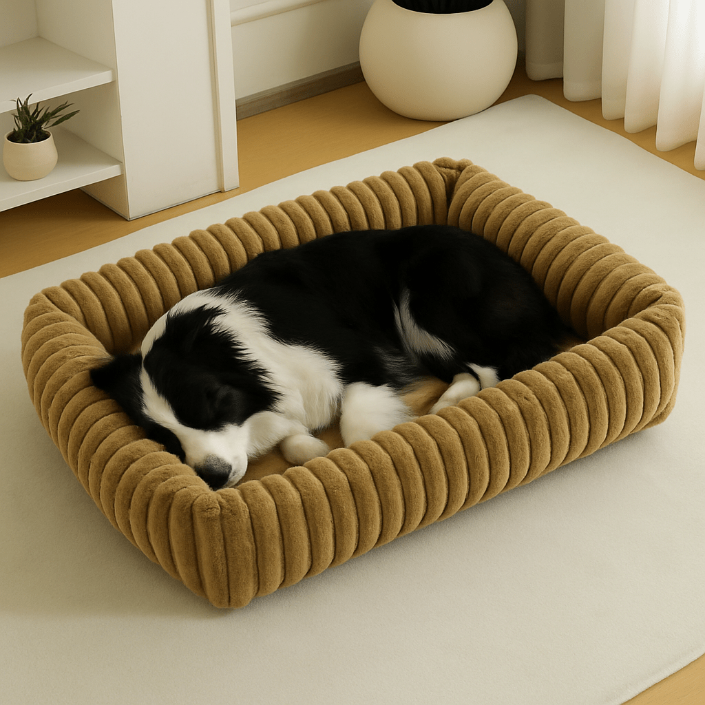 Coussin-pour-chien-anti-stress-velours-rembourrage 100% coton PP-avec rebord surélevé 360° entourant-apaisant-chaud-moelleux-ergonomique-déhoussable et lavable en machine-fond imperméable et antidérapant pour chien de petite à moyenne taille de 0 à 25 kg-un chien à longs poils de taille moyenne qui dort niché dans les rebords surélevés dans le panier rectangulaire ultra-doux hypoallergénique et écoresponsable dans le salon de l'appartement