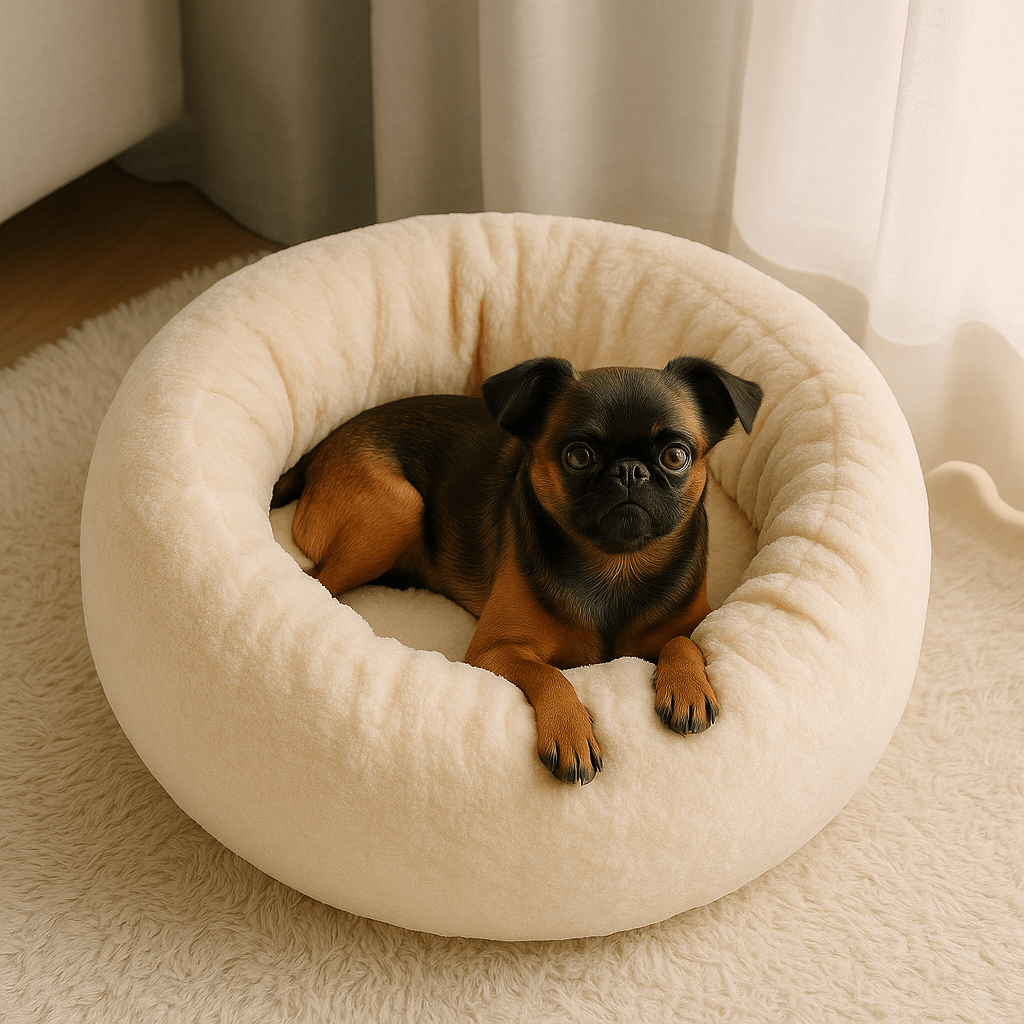 Coussin-pour-chien-chiot-chaud-lavable en machine-velours et rembourrage 100% coton haute densité ergonomique-antidérapant et imperméable-hypoallergénique-lit rond pour petit chien de 0 à 9 kg-un petit chien confortablement couché dans son coussin gris épais avec rebord surélevé aux matériaux naturels dans le salon de la maison