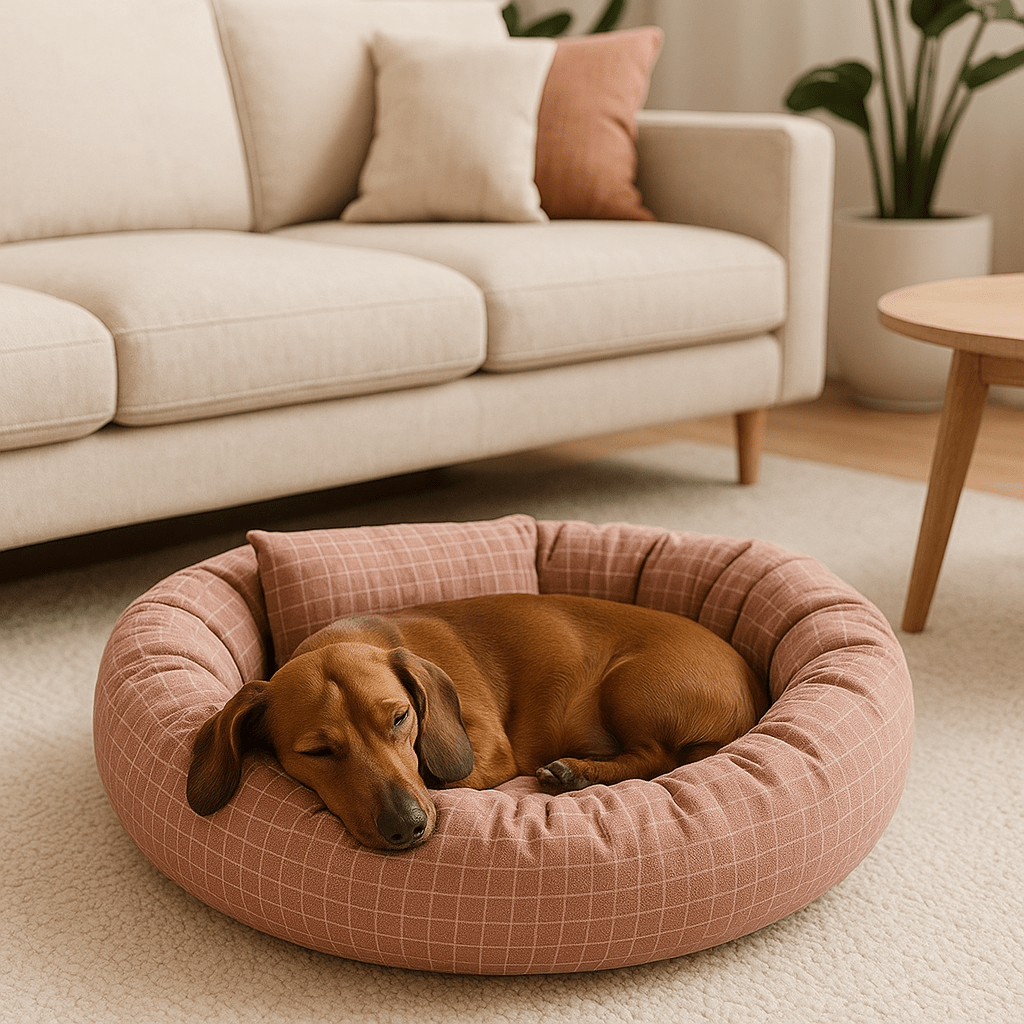 Coussin-pour-chien-avec-rebord 360° protecteur anti-stress-rond et rembourré 100% coton haute densité-housse en coton écologique et respirant-pour chien de petite à moyenne taille de 0 à 12 kg-lavable en machine-imperméable et antidérapant-carreaux graphique discret blanc-compact léger et transportable-un chien de taille moyenne taille qui dort paisiblement dans son lit rond donut épais dans le salon de la maison