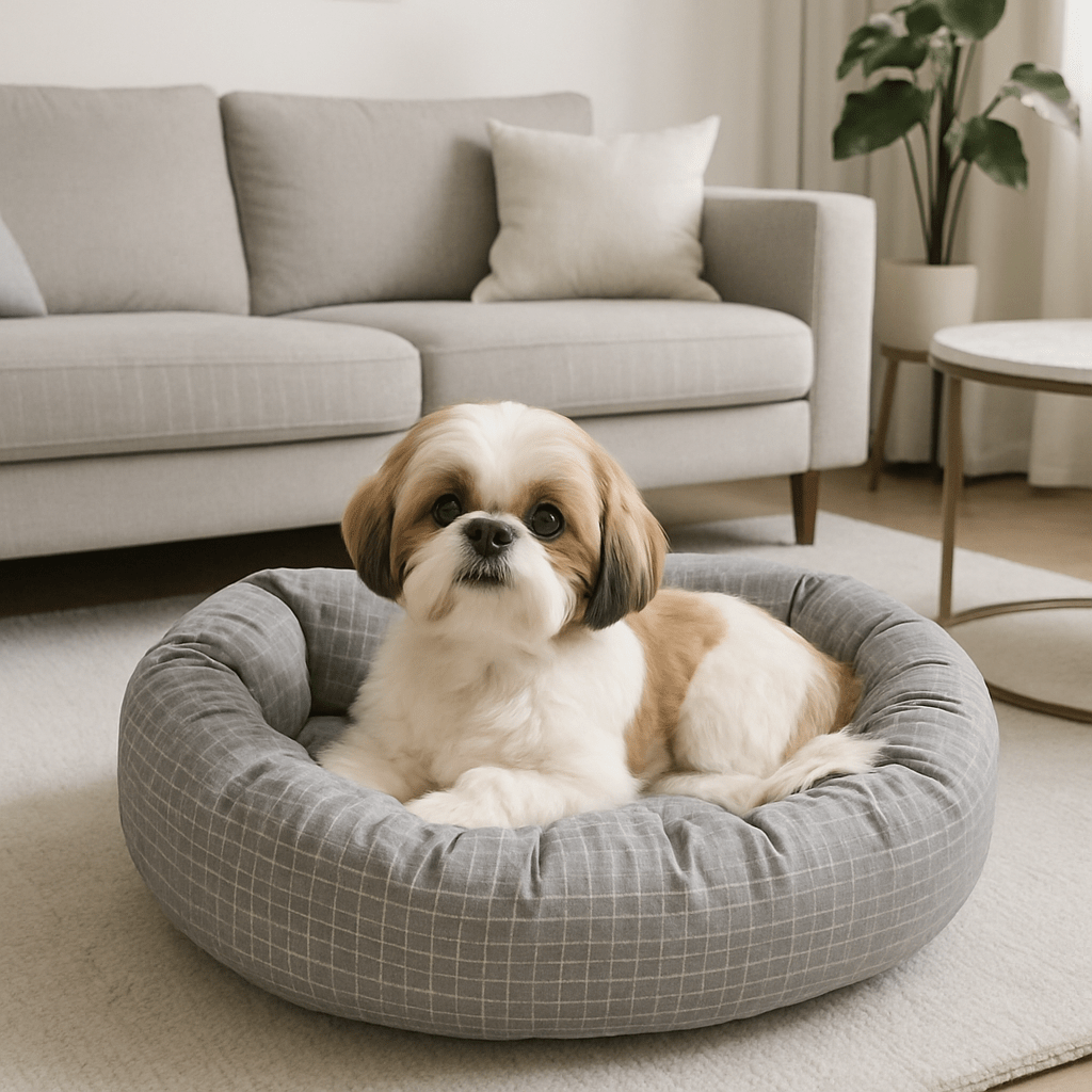 Coussin-pour-chien-avec-rebord 360° protecteur anti-stress-rond et rembourré 100% coton haute densité-housse en coton écologique et respirant-pour chien de petite à moyenne taille de 0 à 12 kg-lavable en machine-imperméable et antidérapant-carreaux graphique discret blanc-compact léger et transportable-un chien de taille moyenne confortablement couché dans son lit rond donut épais dans le salon de l'appartement