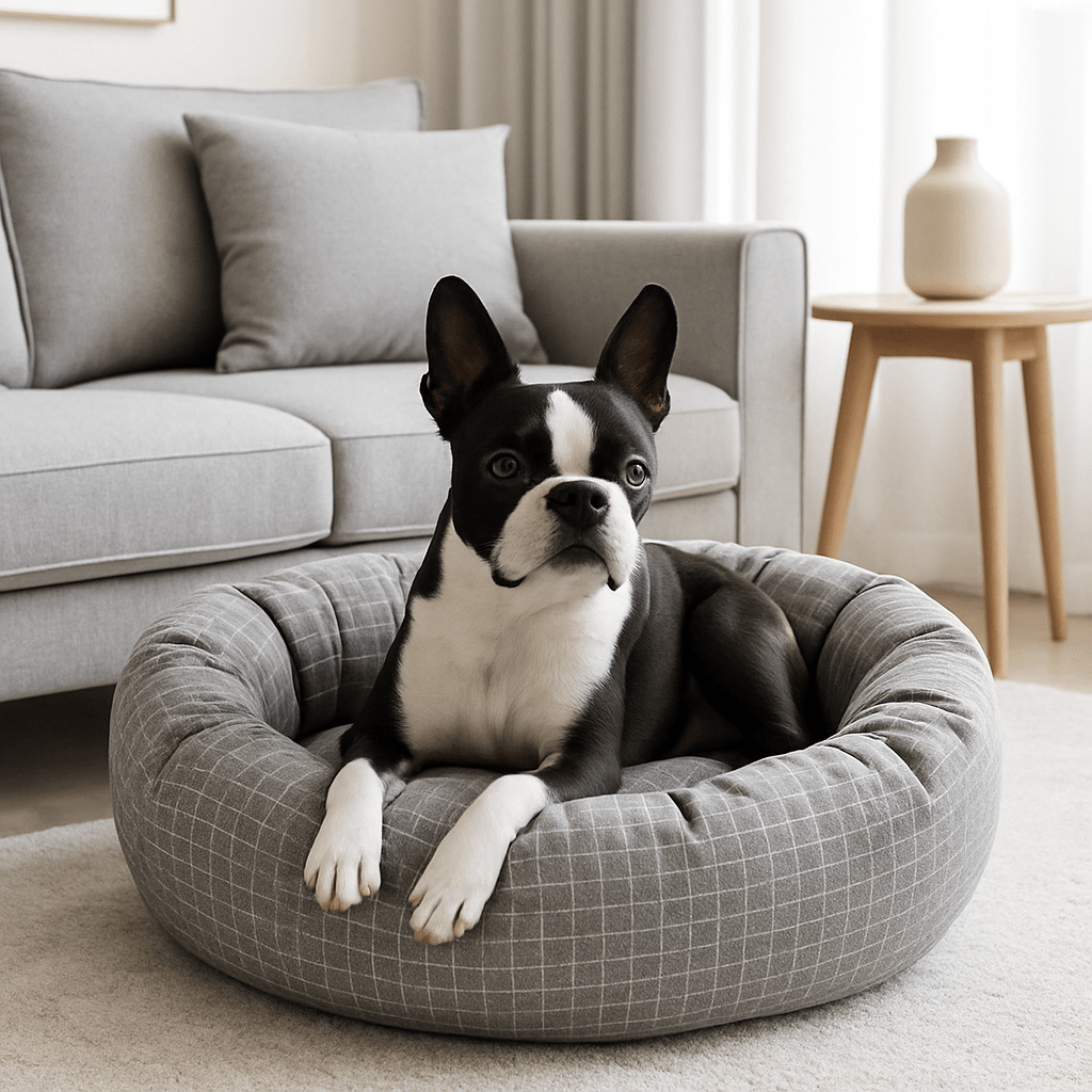 Coussin-pour-chien-avec-rebord 360° protecteur anti-stress-rond et rembourré 100% coton haute densité-housse en coton écologique et respirant-pour chien de petite à moyenne taille de 0 à 12 kg-lavable en machine-imperméable et antidérapant-carreaux graphique discret blanc-compact léger et transportable-un chien noir et blanc confortablement couché dans son lit rond donut épais dans le salon de la maison