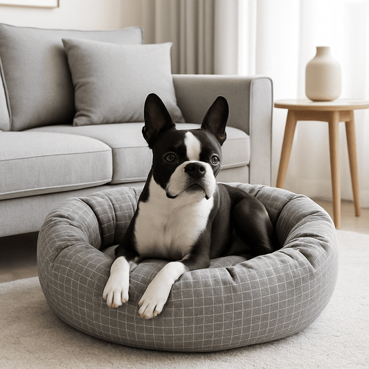 Coussin-pour-chien-avec-rebord 360° protecteur anti-stress-rond et rembourré 100% coton haute densité-housse en coton écologique et respirant-pour chien de petite à moyenne taille de 0 à 12 kg-lavable en machine-imperméable et antidérapant-carreaux graphique discret blanc-compact léger et transportable-un chien noir et blanc confortablement couché dans son lit rond donut épais dans le salon de la maison