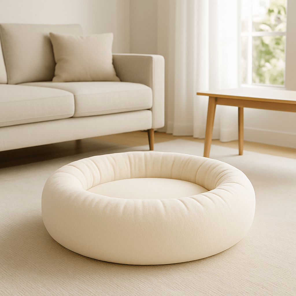 Coussin-pour-chien-chiot-chaud-lavable en machine-velours et rembourrage 100% coton haute densité ergonomique-antidérapant et imperméable-hypoallergénique-lit rond pour petit chien de 0 à 9 kg-en forme de donut avec rebord surélevé de couleur beige