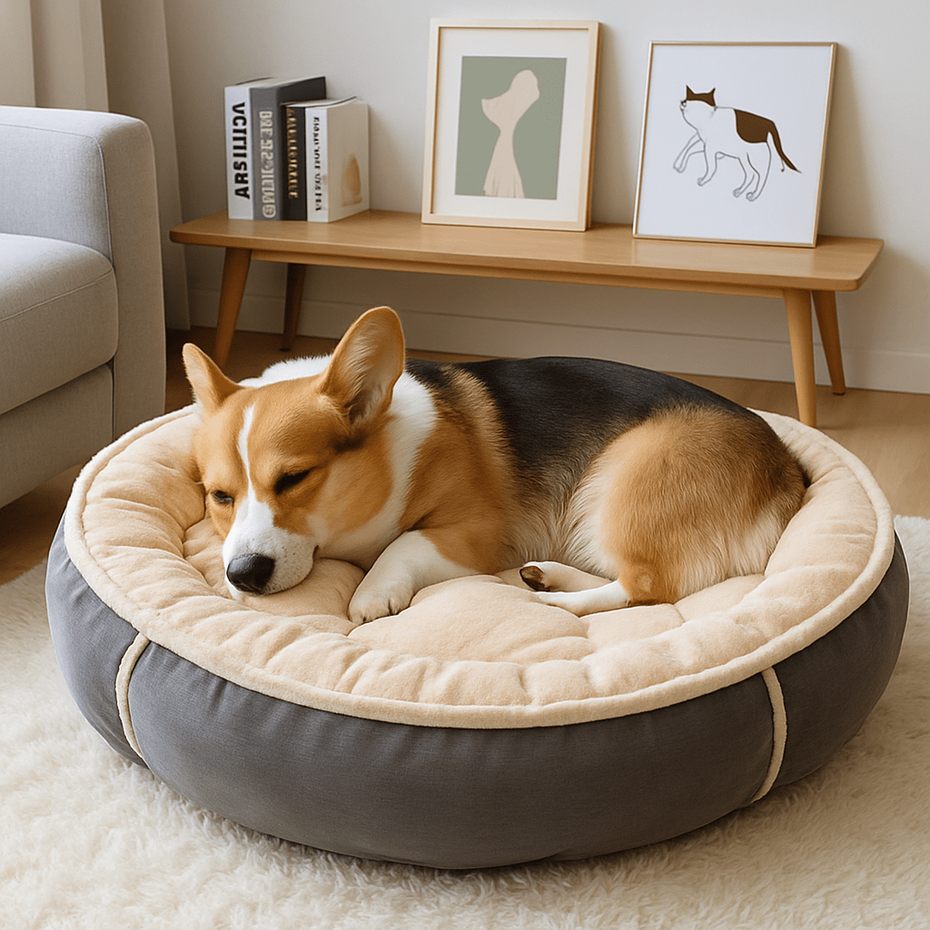 Coussin-pour-chien-chiot-anti-anxiété-rembourrage 100% coton PP et velours ultra doux antidérapant et lavable pour petit chien et chien moyen-un chien de taille moyenne couché qui dort paisiblement et confortablement dans le panier rond épais et moelleux et chaud dans le salon de la maison
